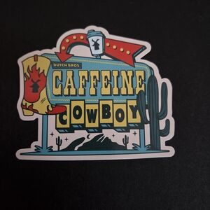 Dutch Bros sticker - teal, yellow, red & black Caffeine Cowboy design